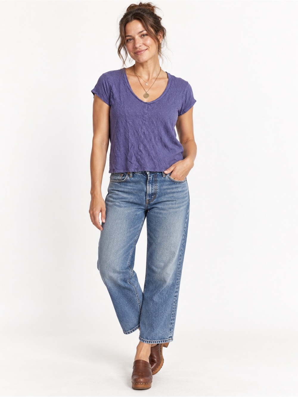 Sigrid Olsen 100% Linen Purple V Neck Short Sleeve Casual Top Blouse Size Medium